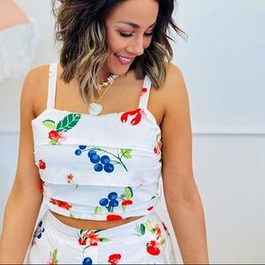 🆕🌿🤍SKIES ARE BLUE: Off White-Red Poplin Side Tie Top SMALL MEDIUM